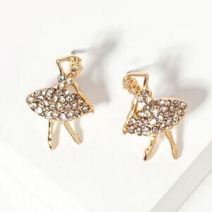 NWT Crystal Paved Ballerina Girl Stud Earrings Gold Tone